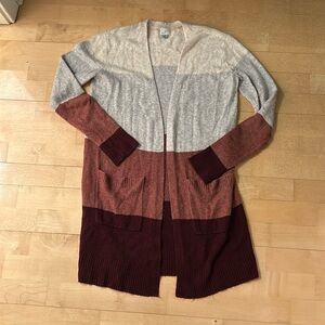 Colorblock long cardigan sweater, size XS